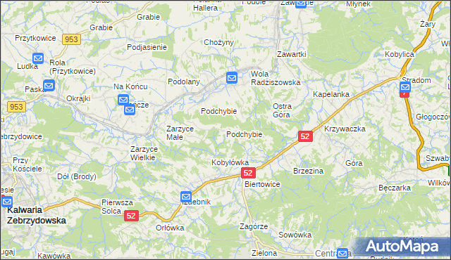 mapa Podchybie gmina Lanckorona, Podchybie gmina Lanckorona na mapie Targeo