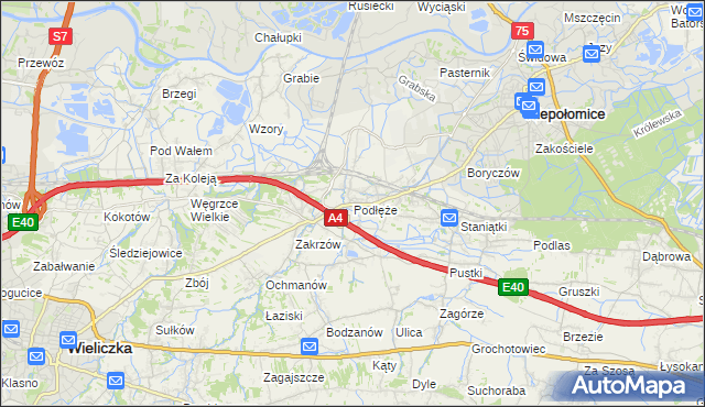 mapa Podłęże gmina Niepołomice, Podłęże gmina Niepołomice na mapie Targeo