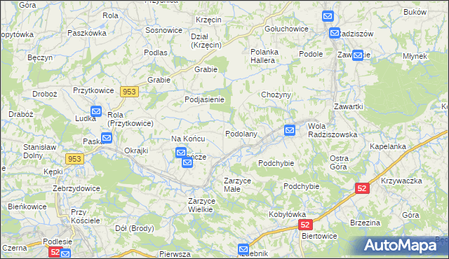 mapa Podolany gmina Kalwaria Zebrzydowska, Podolany gmina Kalwaria Zebrzydowska na mapie Targeo