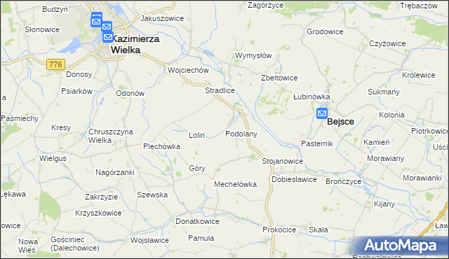 mapa Podolany gmina Kazimierza Wielka, Podolany gmina Kazimierza Wielka na mapie Targeo