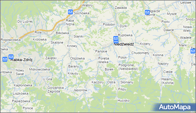mapa Poręba Wielka gmina Niedźwiedź, Poręba Wielka gmina Niedźwiedź na mapie Targeo