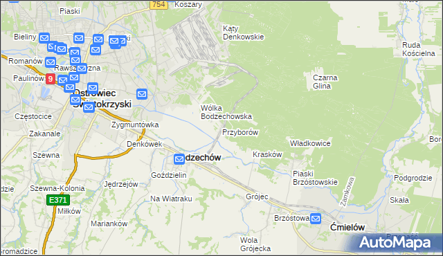 mapa Przyborów gmina Bodzechów, Przyborów gmina Bodzechów na mapie Targeo