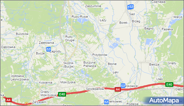 mapa Przyborów gmina Borzęcin, Przyborów gmina Borzęcin na mapie Targeo