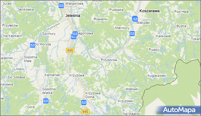 mapa Przyborów gmina Jeleśnia, Przyborów gmina Jeleśnia na mapie Targeo