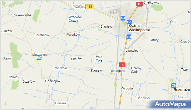 mapa Psie Pole gmina Koźmin Wielkopolski, Psie Pole gmina Koźmin Wielkopolski na mapie Targeo