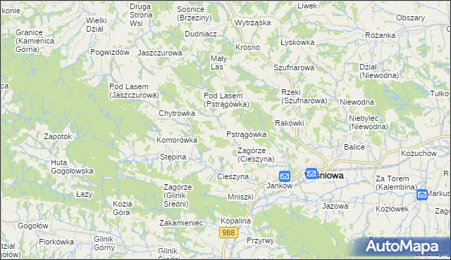 mapa Pstrągówka gmina Wiśniowa, Pstrągówka gmina Wiśniowa na mapie Targeo