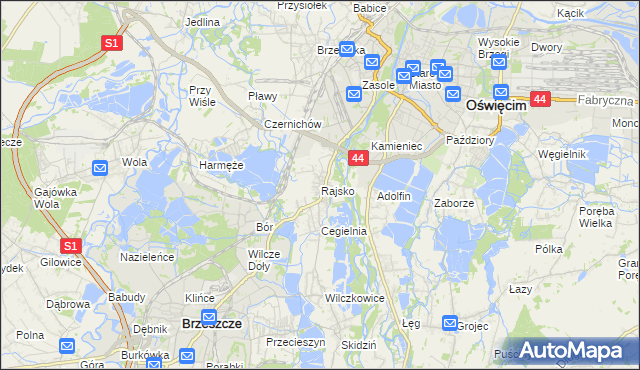 mapa Rajsko gmina Oświęcim, Rajsko gmina Oświęcim na mapie Targeo