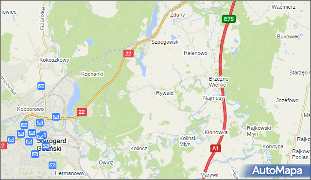 mapa Rywałd gmina Starogard Gdański, Rywałd gmina Starogard Gdański na mapie Targeo