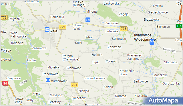 mapa Rzeplin gmina Skała, Rzeplin gmina Skała na mapie Targeo