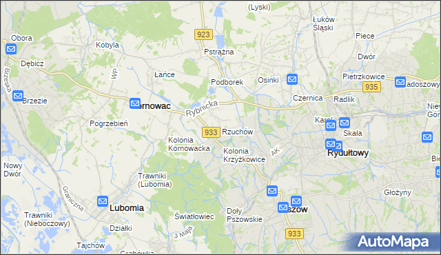 mapa Rzuchów gmina Kornowac, Rzuchów gmina Kornowac na mapie Targeo