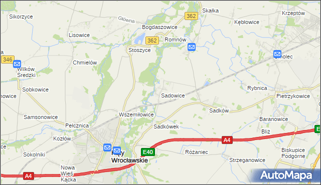 mapa Sadowice gmina Kąty Wrocławskie, Sadowice gmina Kąty Wrocławskie na mapie Targeo