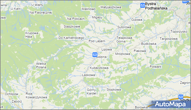 mapa Sidzina gmina Bystra-Sidzina, Sidzina gmina Bystra-Sidzina na mapie Targeo