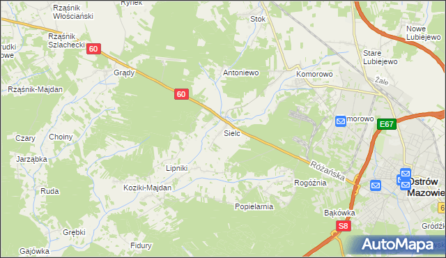 mapa Sielc gmina Ostrów Mazowiecka, Sielc gmina Ostrów Mazowiecka na mapie Targeo