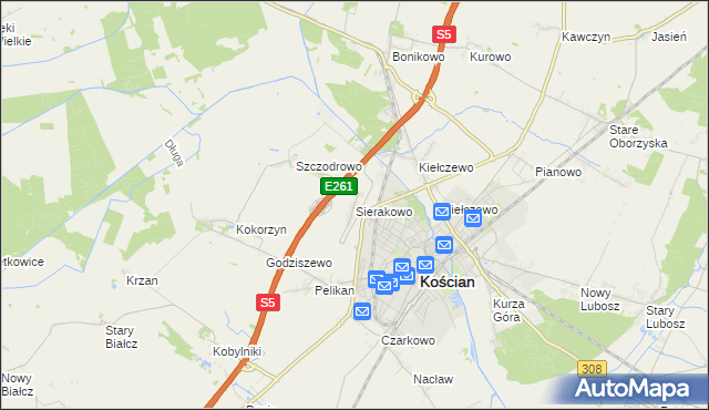 mapa Sierakowo gmina Kościan, Sierakowo gmina Kościan na mapie Targeo
