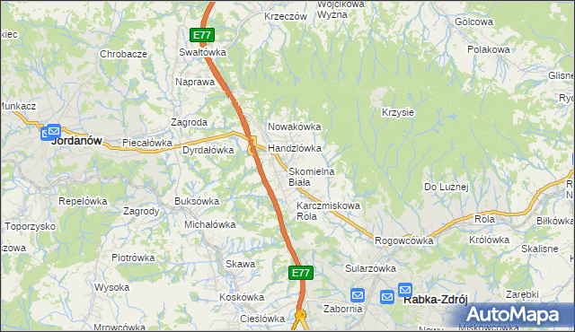 mapa Skomielna Biała, Skomielna Biała na mapie Targeo