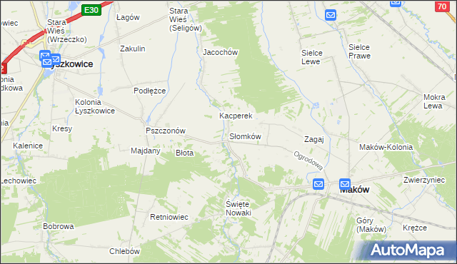 mapa Słomków gmina Maków, Słomków gmina Maków na mapie Targeo