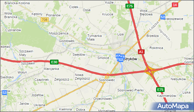 mapa Smolice gmina Stryków, Smolice gmina Stryków na mapie Targeo