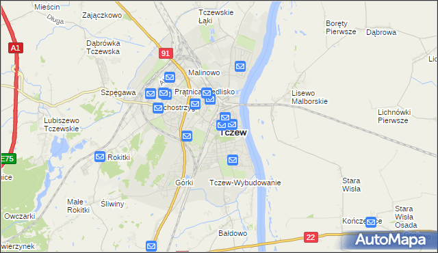 mapa Tczew, Tczew na mapie Targeo