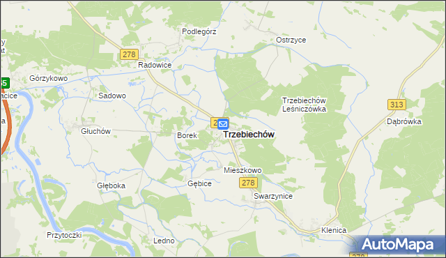 mapa Trzebiechów powiat zielonogórski, Trzebiechów powiat zielonogórski na mapie Targeo