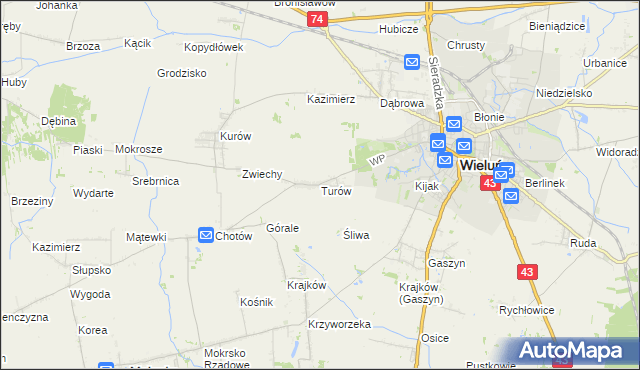 mapa Turów gmina Wieluń, Turów gmina Wieluń na mapie Targeo