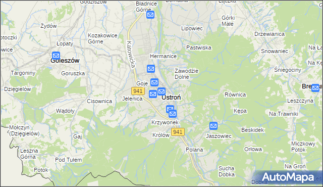 mapa Ustroń powiat cieszyński, Ustroń powiat cieszyński na mapie Targeo