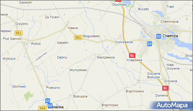 mapa Warszewice gmina Łubianka, Warszewice gmina Łubianka na mapie Targeo