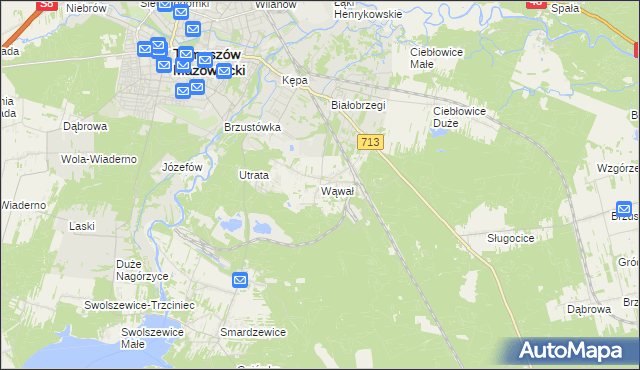 mapa Wąwał gmina Tomaszów Mazowiecki, Wąwał gmina Tomaszów Mazowiecki na mapie Targeo