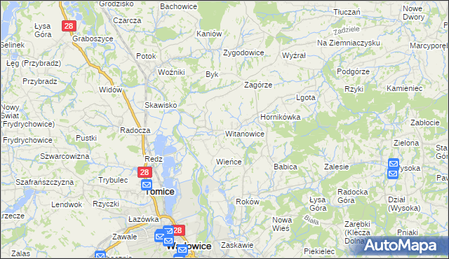 mapa Witanowice gmina Tomice, Witanowice gmina Tomice na mapie Targeo
