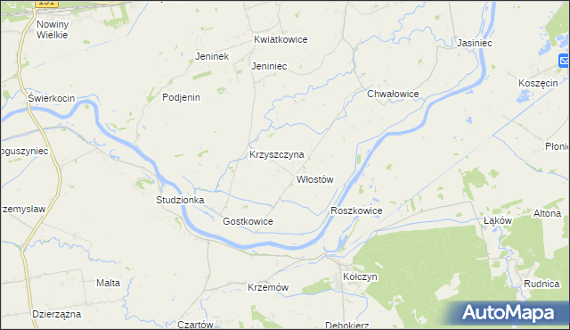 mapa Włostów gmina Bogdaniec, Włostów gmina Bogdaniec na mapie Targeo