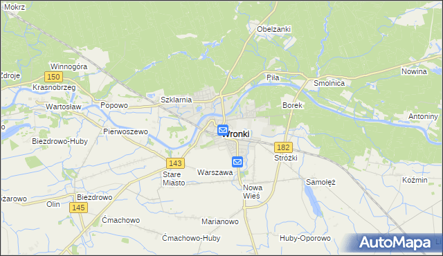 mapa Wronki powiat szamotulski, Wronki powiat szamotulski na mapie Targeo
