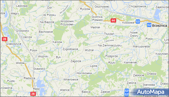 mapa Wyźrał gmina Brzeźnica, Wyźrał gmina Brzeźnica na mapie Targeo