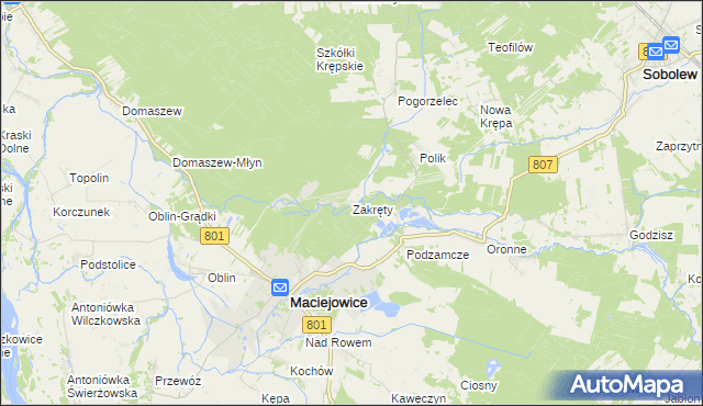 mapa Zakręty gmina Maciejowice, Zakręty gmina Maciejowice na mapie Targeo