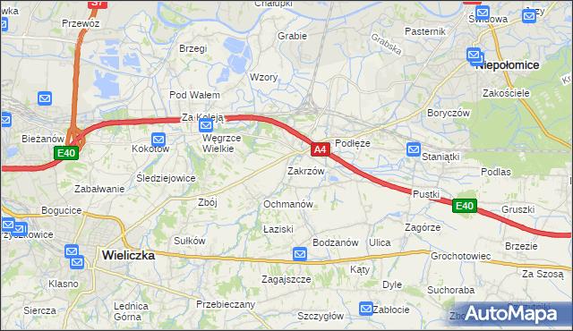 mapa Zakrzów gmina Niepołomice, Zakrzów gmina Niepołomice na mapie Targeo