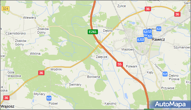 mapa Załęcze gmina Rawicz, Załęcze gmina Rawicz na mapie Targeo