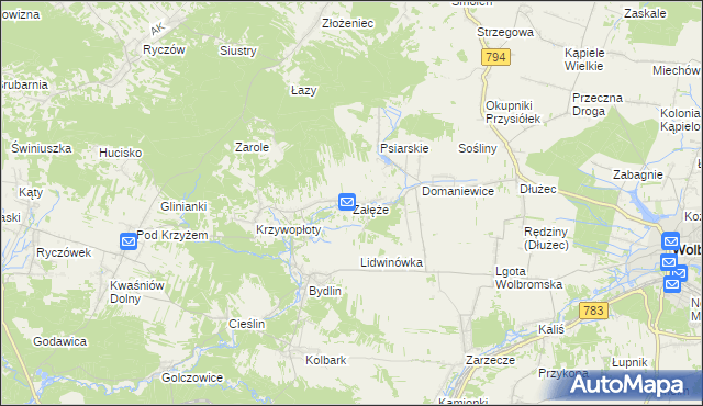 mapa Załęże gmina Wolbrom, Załęże gmina Wolbrom na mapie Targeo