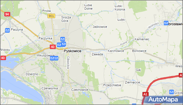 mapa Zawada gmina Zbrosławice, Zawada gmina Zbrosławice na mapie Targeo
