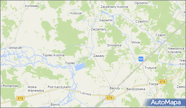 mapa Zawady gmina Turośń Kościelna, Zawady gmina Turośń Kościelna na mapie Targeo