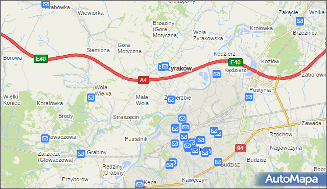 mapa Zawierzbie gmina Żyraków, Zawierzbie gmina Żyraków na mapie Targeo