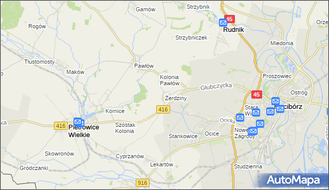 mapa Żerdziny gmina Pietrowice Wielkie, Żerdziny gmina Pietrowice Wielkie na mapie Targeo