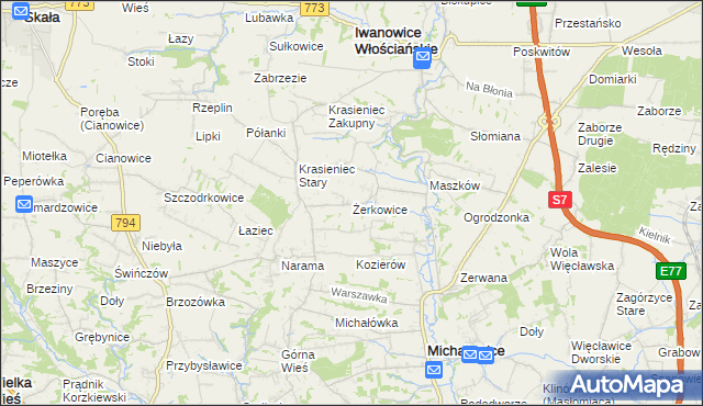 mapa Żerkowice gmina Iwanowice, Żerkowice gmina Iwanowice na mapie Targeo