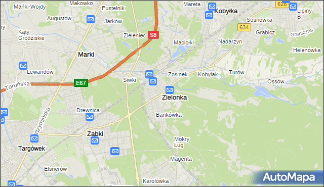 mapa Zielonka powiat wołomiński, Zielonka powiat wołomiński na mapie Targeo