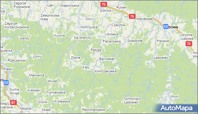 mapa Barnowiec gmina Łabowa, Barnowiec gmina Łabowa na mapie Targeo