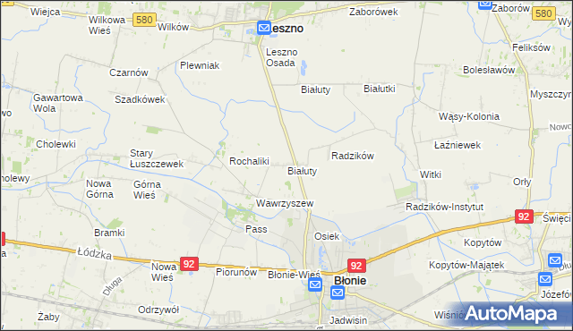 mapa Białuty gmina Błonie, Białuty gmina Błonie na mapie Targeo