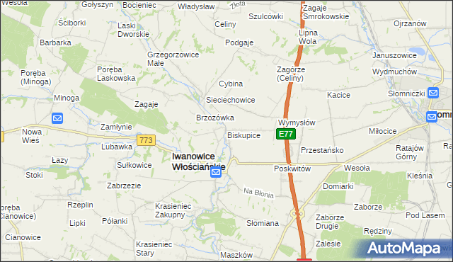mapa Biskupice gmina Iwanowice, Biskupice gmina Iwanowice na mapie Targeo