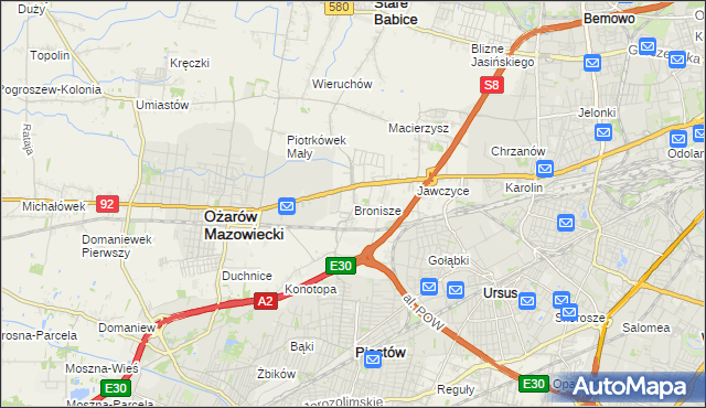 mapa Bronisze gmina Ożarów Mazowiecki, Bronisze gmina Ożarów Mazowiecki na mapie Targeo