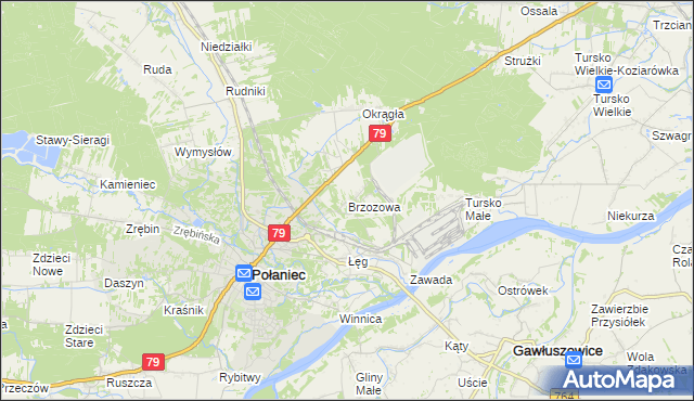 mapa Brzozowa gmina Połaniec, Brzozowa gmina Połaniec na mapie Targeo