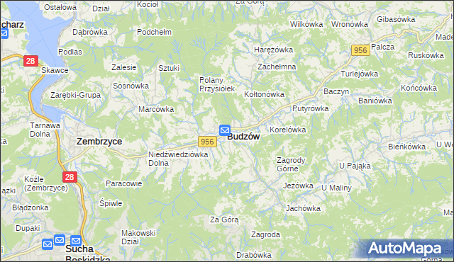 mapa Budzów powiat suski, Budzów powiat suski na mapie Targeo