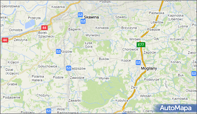 mapa Buków gmina Mogilany, Buków gmina Mogilany na mapie Targeo