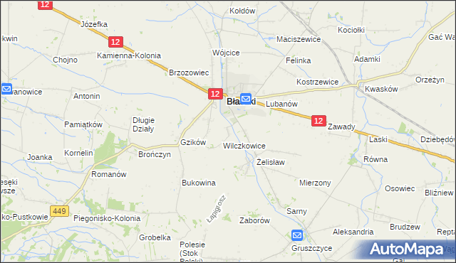 mapa Chrzanowice gmina Błaszki, Chrzanowice gmina Błaszki na mapie Targeo