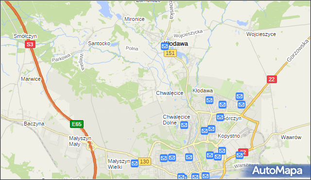 mapa Chwalęcice gmina Kłodawa, Chwalęcice gmina Kłodawa na mapie Targeo